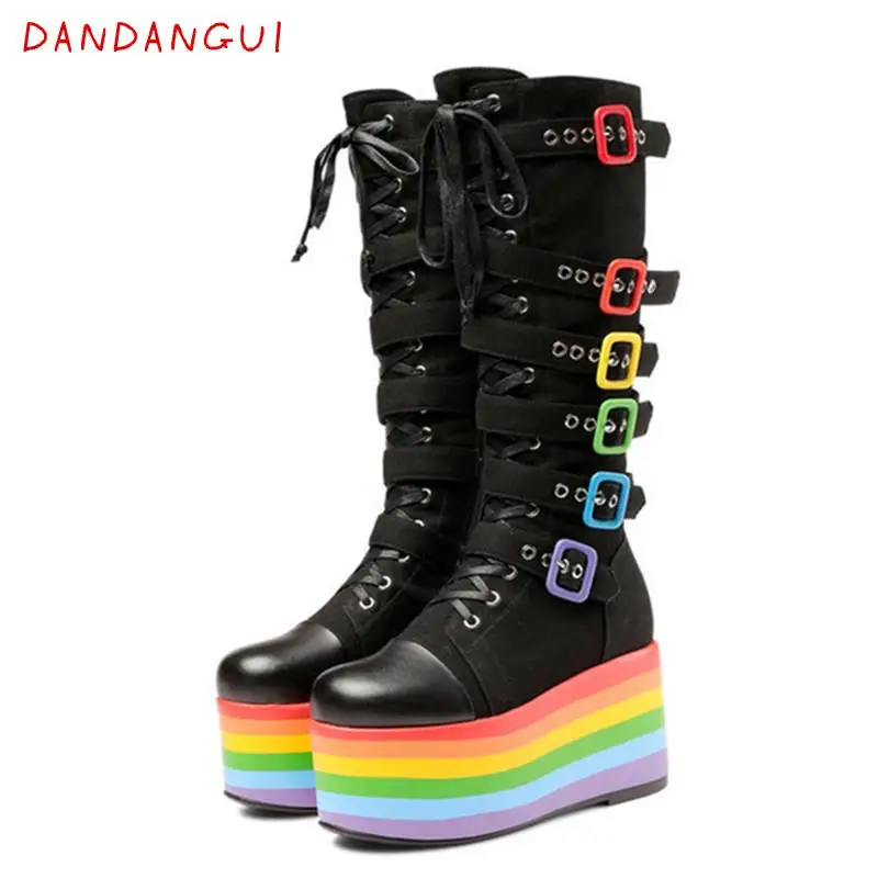 

Cowboy High Heel Buckle Women's Motorcycle Boots Casual Real Leather Female Boots Rainbow Bottom Ladies Boots For Autumn Winter