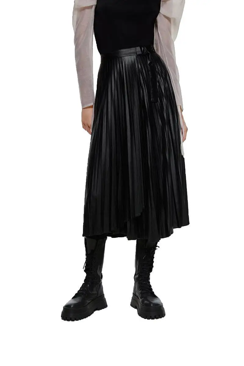Fashion Pleated Skirt for Women Women Dance Clothing Ball Gown Black Faux Leather Faldas Mujer Moda Moda Mujer Mid-Calf Za
