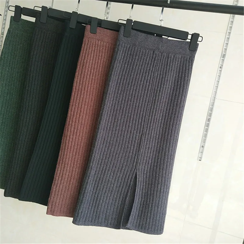 Вязаное изделие средней длины Разделение юбка женская с завышенной талией для