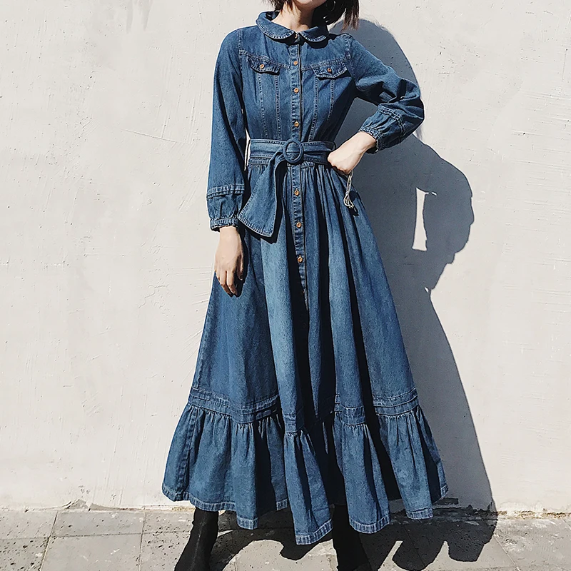 Осенне зимнее джинсовое платье 2019 модное женское с длинным рукавом поясом и