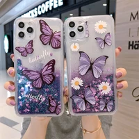 purple daisy butterfly glitter dynamic liquid quicksand phone case for iphone 13 pro max 12 11 pro xs max xr 6s 7 8 plus cover