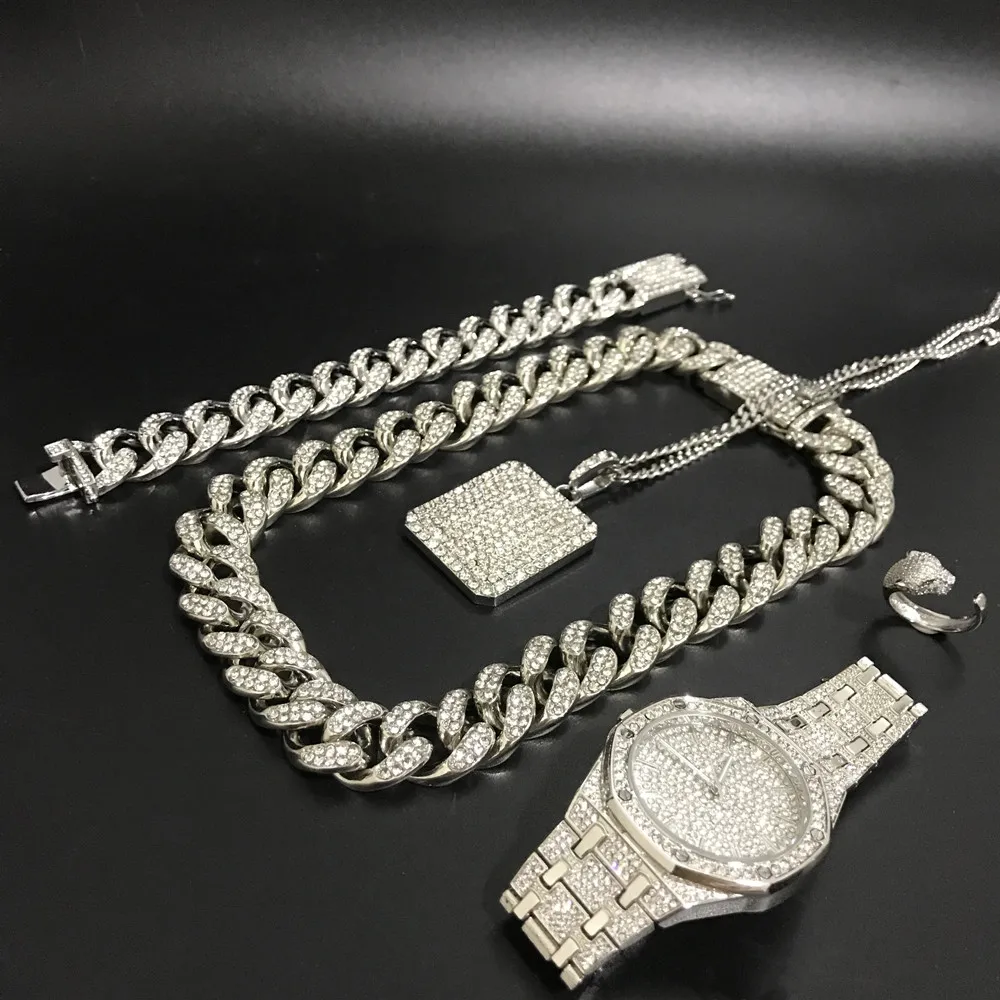 

Hip Hop Men Silver Color Men Watch & Necklace & Braclete & Ring Combo Set Ice Out Cuban Necklace Chain Jewerly Set For Men