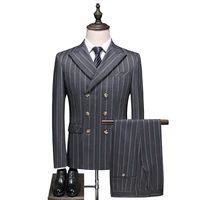 gray new high quality gentleman mens striped double breasted suit three piece wedding party mens elegant luxury suit