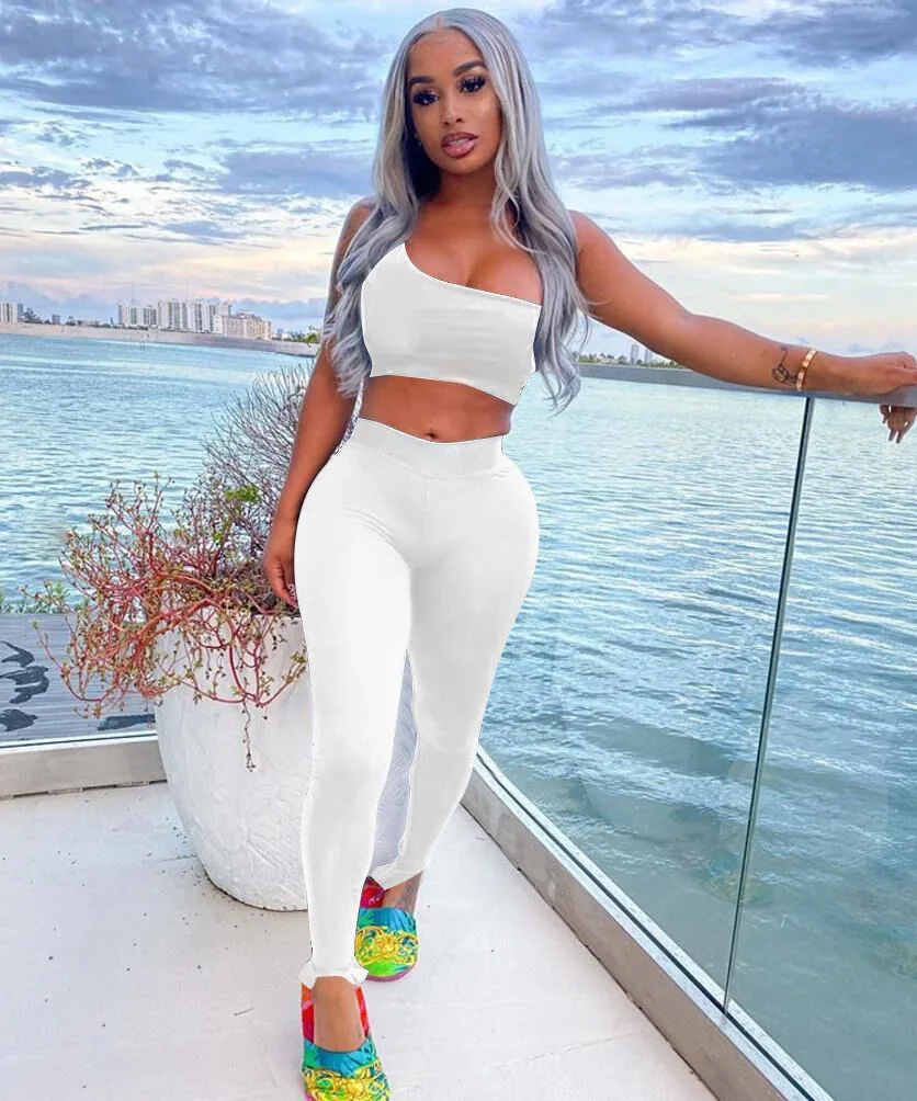 

Fashion casual sleeveless off-shoulder solid color sports home suit