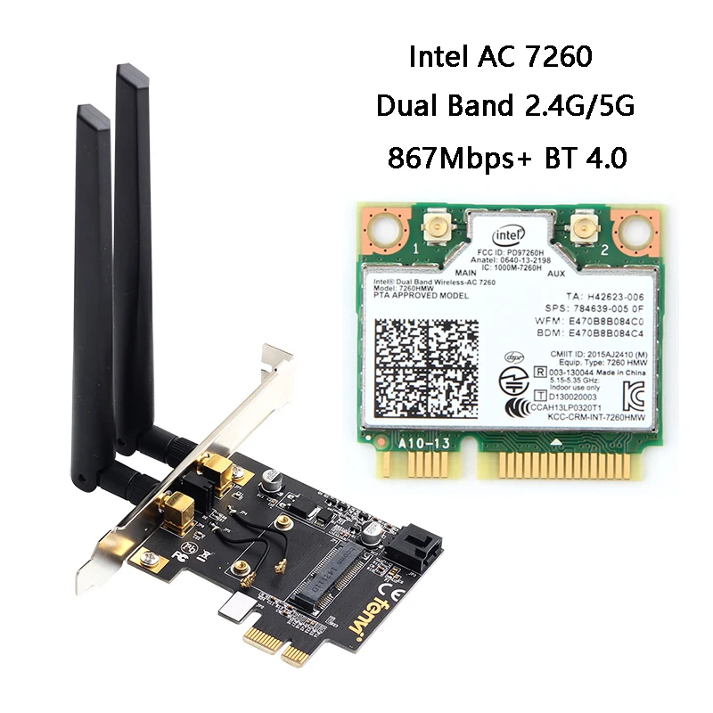 With Intel 7260 Беспроводной мини PCI-E сетевой карты для рабочего стола PCI-E адаптер конвертер для Intel 7260HMW 3160HMW BCM94352HMB Wi-Fi карты - Цвет: With Intel 7260