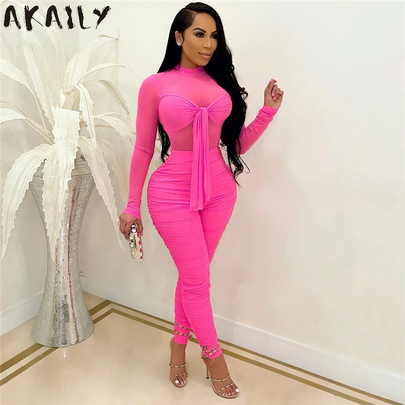 

Уличная одежда Akaily, однотонный тонкий бандажный комбинезон, женский прозрачный комбинезон с высоким воротником и рюшами, женский черный се...