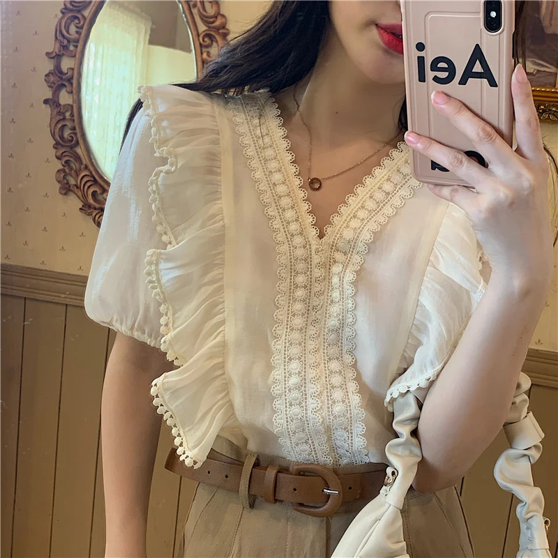 

2 Piece Shirts Shorts Sets Elegant Half Sleeve Ruffles Lace Blouse Women Loose High Waist Wide Leg Khaki Shorts Female