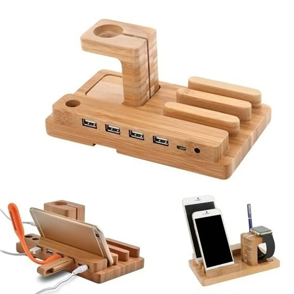 Портативная бамбуковая зарядная станция с 4 USB портами держатель для телефона