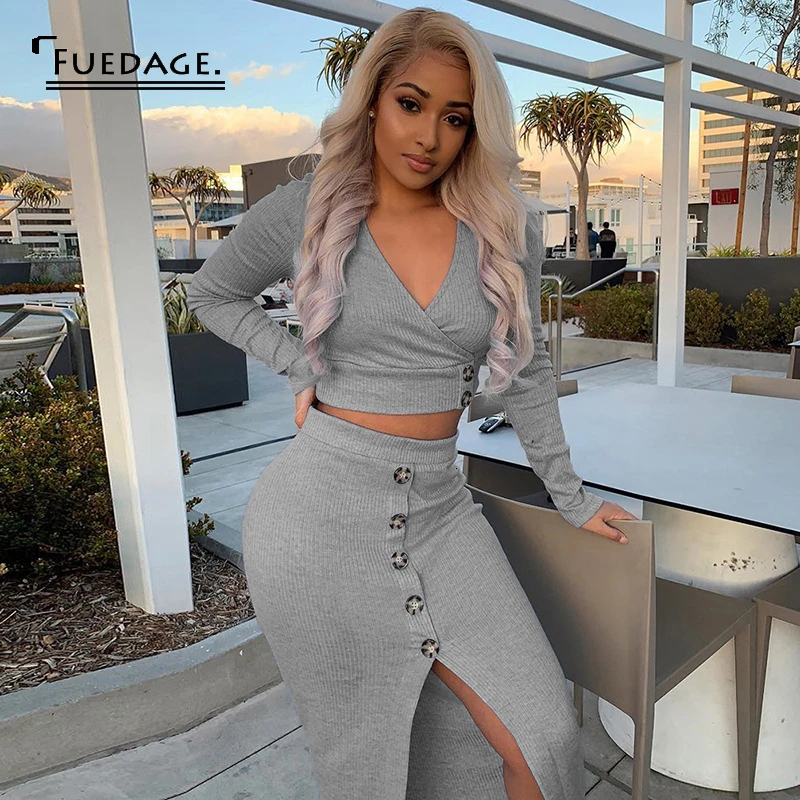 Женский комплект из двух предметов Fuedage обтягивающее платье-миди с длинным