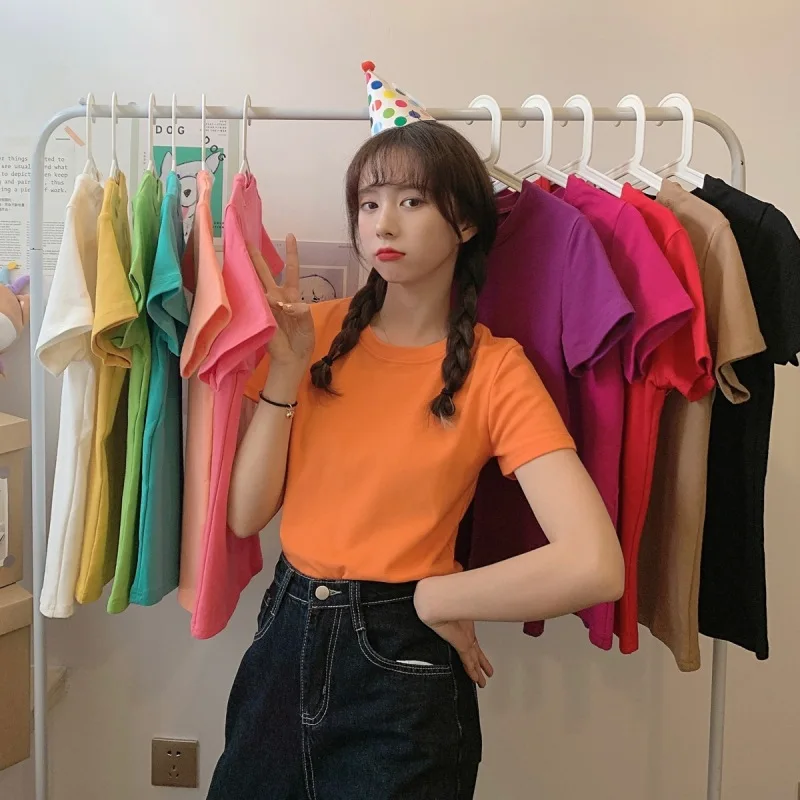 

Однотонная женская футболка с коротким рукавом, новинка 2021, корейский простой стиль, женский топ с круглым вырезом, модная женская одежда в ...