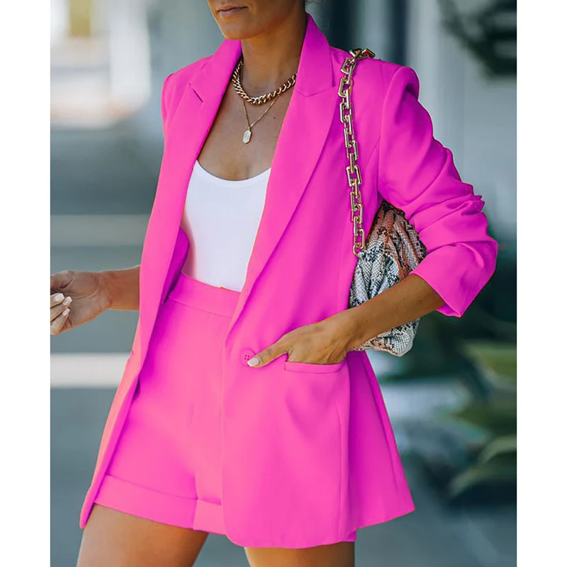

Lady Elegant Simple Office Overalls Solid Basic Shorts Set Lapel Top Long Sleeve Slim Straight Suit Busness Women Two Piece Sets