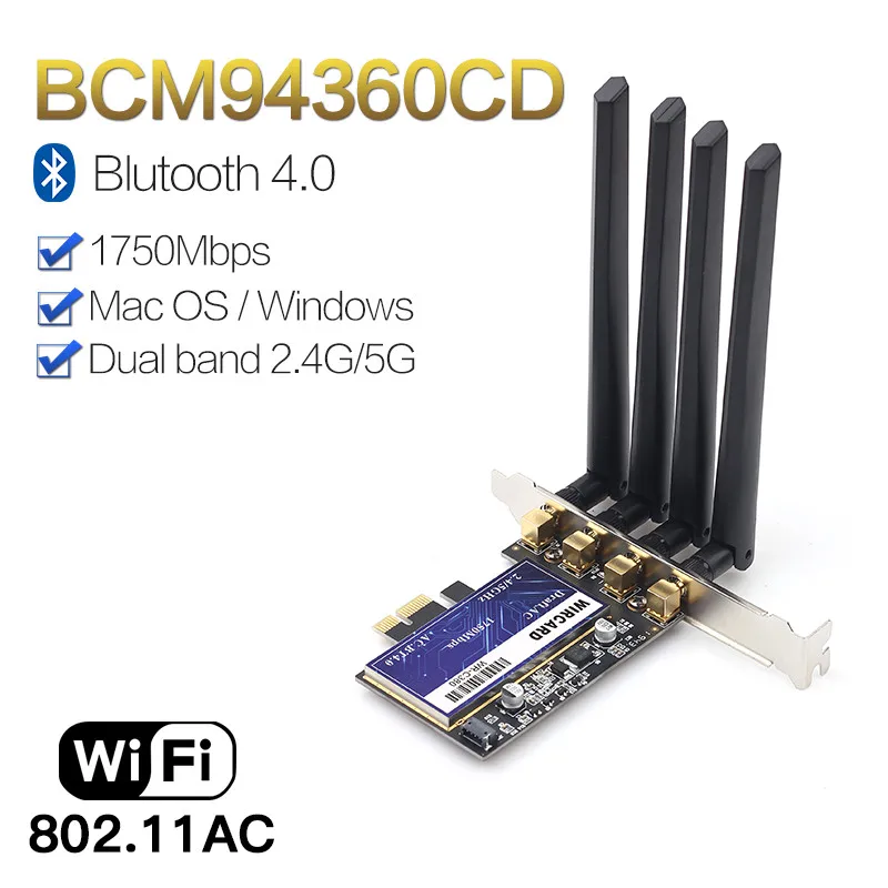 Карта Wi-Fi для настольного ПК 1750 Мбит/с PCIe BCM94360CD Hackintosh 802.11ac BT 4 0 двухдиапазонный