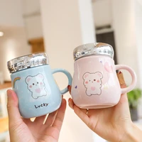 cartoon bear mug mirror ceramic water cup small fresh sealed coffee mug with cover lovely girl student christmas gift cup