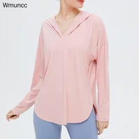 wmuncc womens yoga t shirt long sleeve running gym sports top hooded loose fitness training breathable