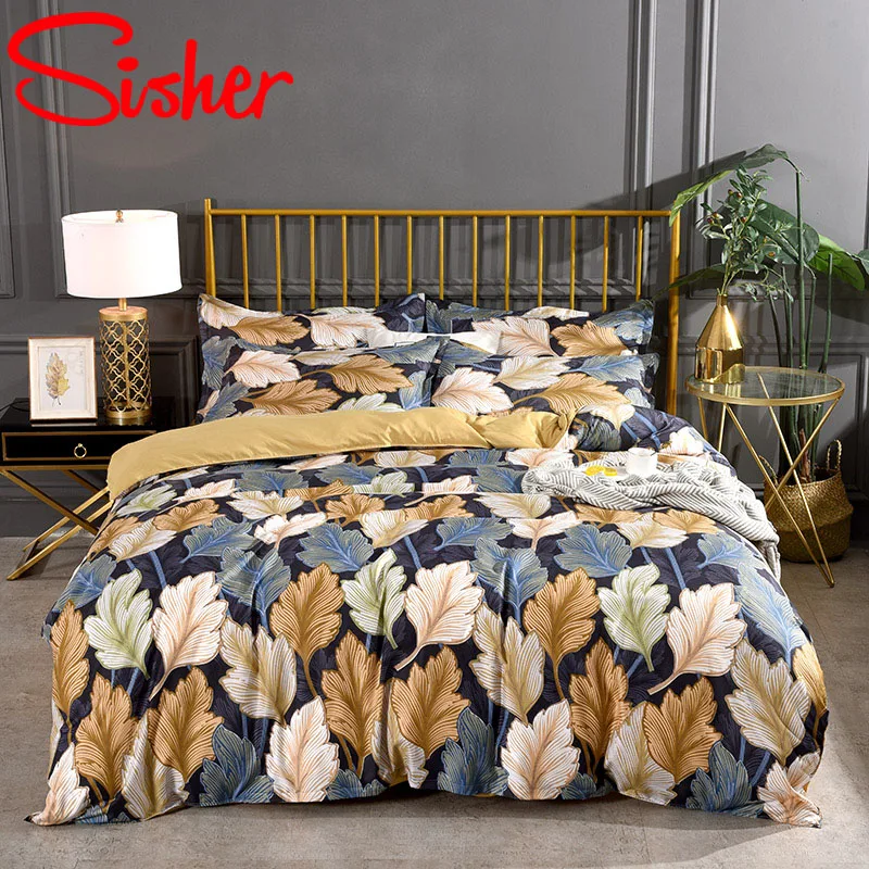 

Modern Leaf Printed Bedding Sets Nordic Flat Bed Linen Sheet Plaid Stripe Duvet Cover Set Single Double Queen King Bedclothes