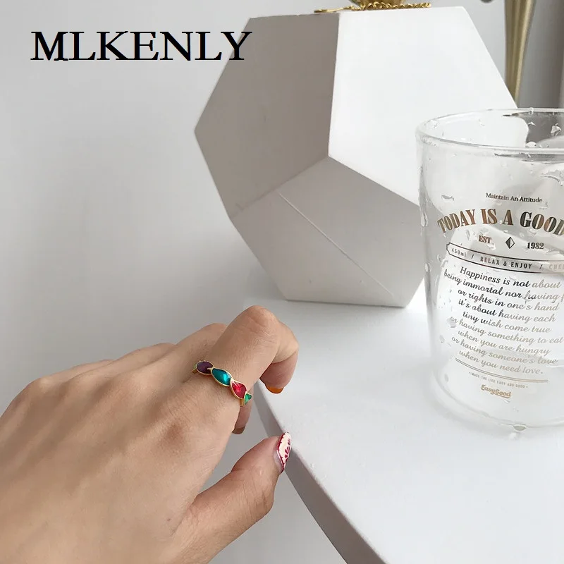 MLKENLY 925 пробы серебро просто следуете модным трендам дикое Золото многоцветный эпоксидной смолы личности для Для женщин вечерние кольцо на палец, подарок