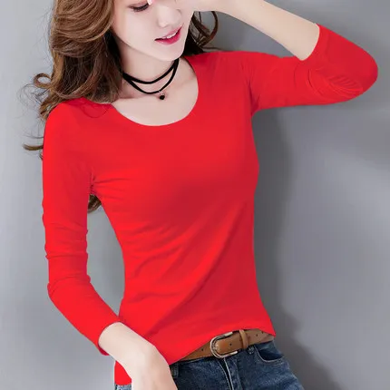 

Новинка Осень 2019, новая Однотонная рубашка, Женская облегающая футболка с длинным рукавом, хлопковое плотное пальто для ранней осени