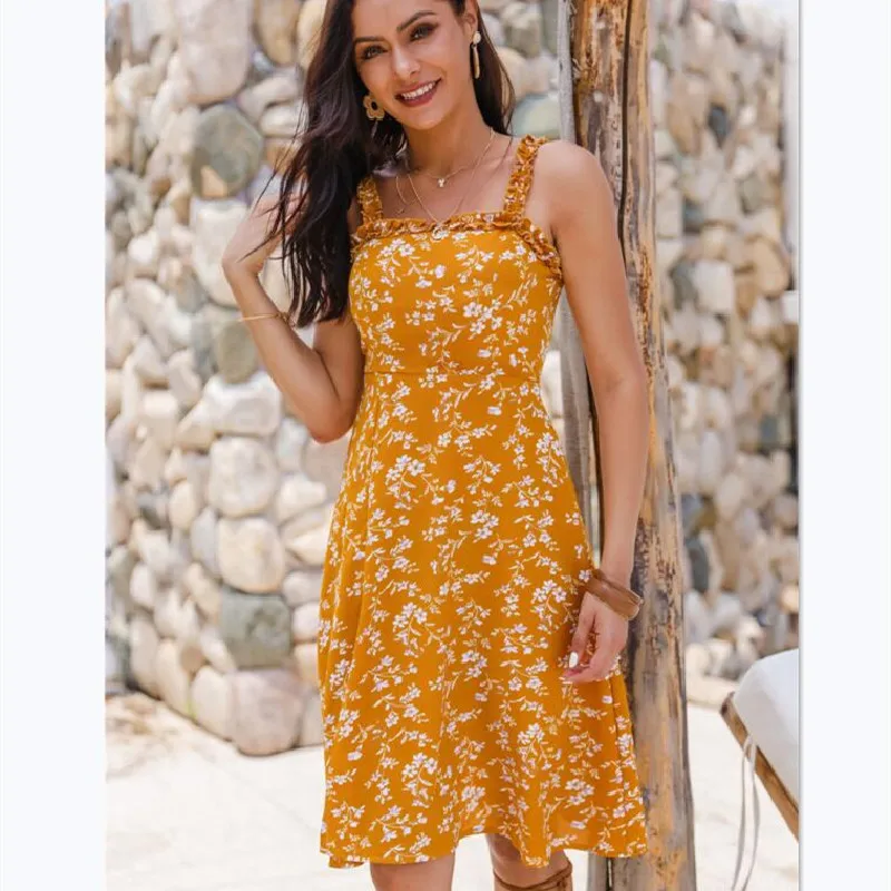 

Summer 2020 Fashion Print Dresses Women Sexy Casual Ruffles Spaghetti Straps Midi Dresses