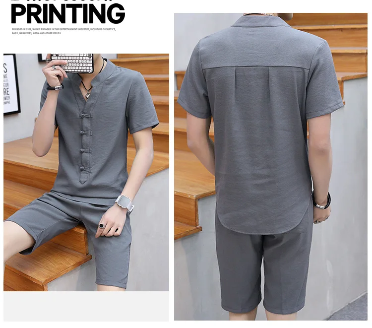 Summer Clothes Men 2 Pieces Sets VogueShorts And Short-sleeved Buckle T Shirt Men Breathable Slim Fit V Neck Linen Suits