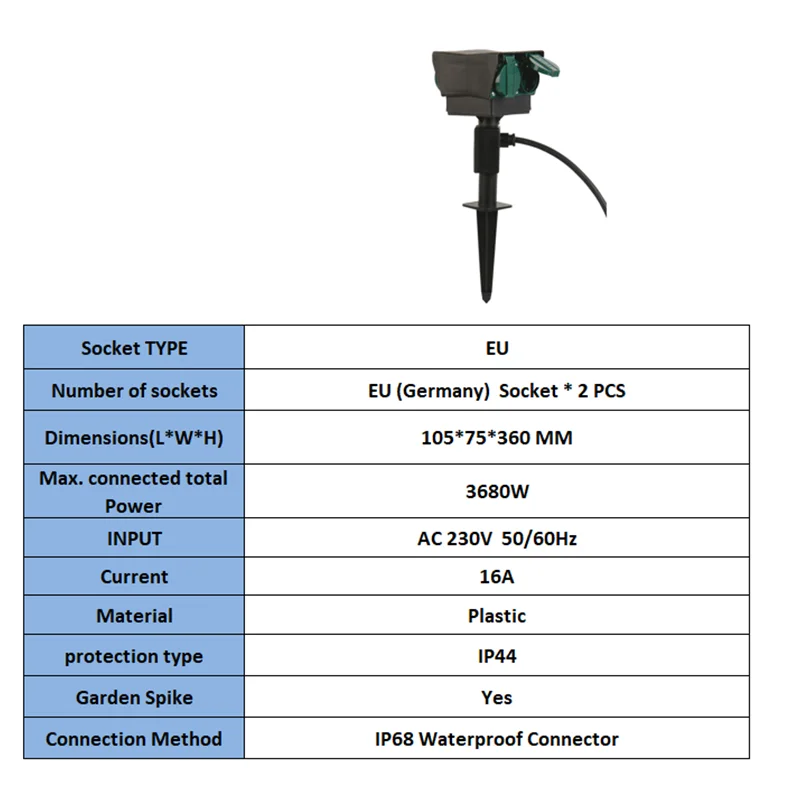 Уличная двухсторонняя вилка европейского стандарта с заземляющими шипами 3680 Вт