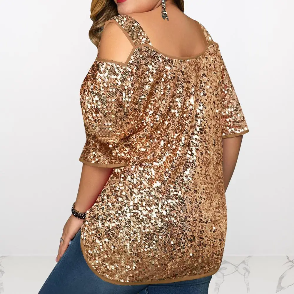 

PLUS SIZE New Arrival Summer Streetwear Women Bling Bling Gold Sequins Pullover Tops Hollow-out Half Sleeve Femme Tees Tops