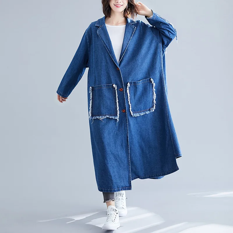 

Spring Autumn Single-breasted Long Trench Coat Women Retro Denim Dust Coat Korean Loose Oversize Jeans Coats Mujer Windbreaker
