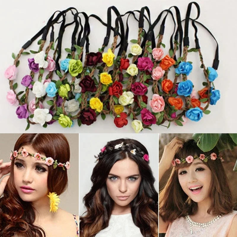 Boho Fabric Festival Wedding Party Garland Forehead Hair Women Flower Head Band Wreath | Дом и сад