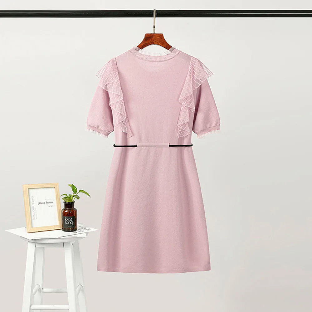 

Summer Women Elgant Knitting Midi Dresses Ice Silk Commuter Slim O-Neck Butterfly Sleeve Dress Female