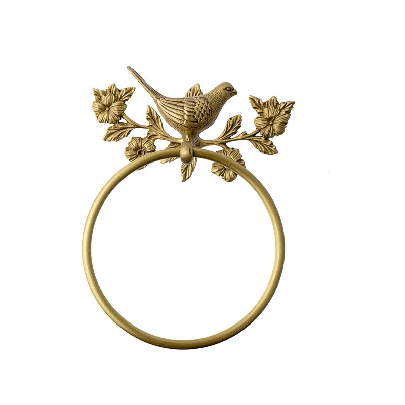 Light luxury all-copper ornaments retro brass bird towel ring with clear texture bathroom punching-free towel rack load