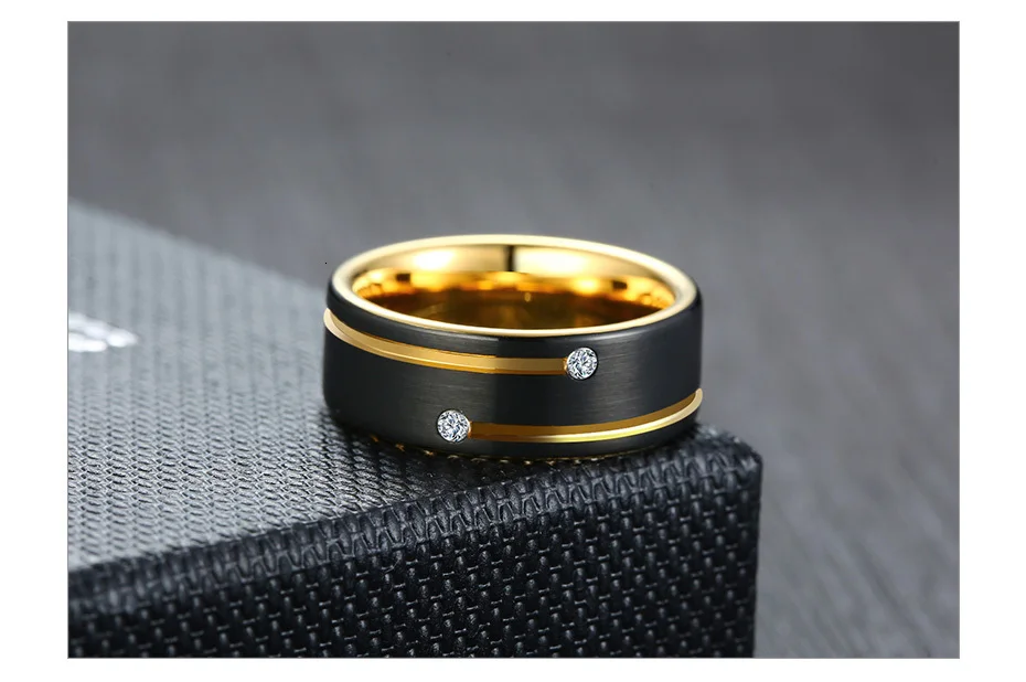 Vnox Free Custom Name Ring for Men Black Tungsten Carbide Wedding Band with Gold Tone Lines AAA CZ Stones Gent Anel