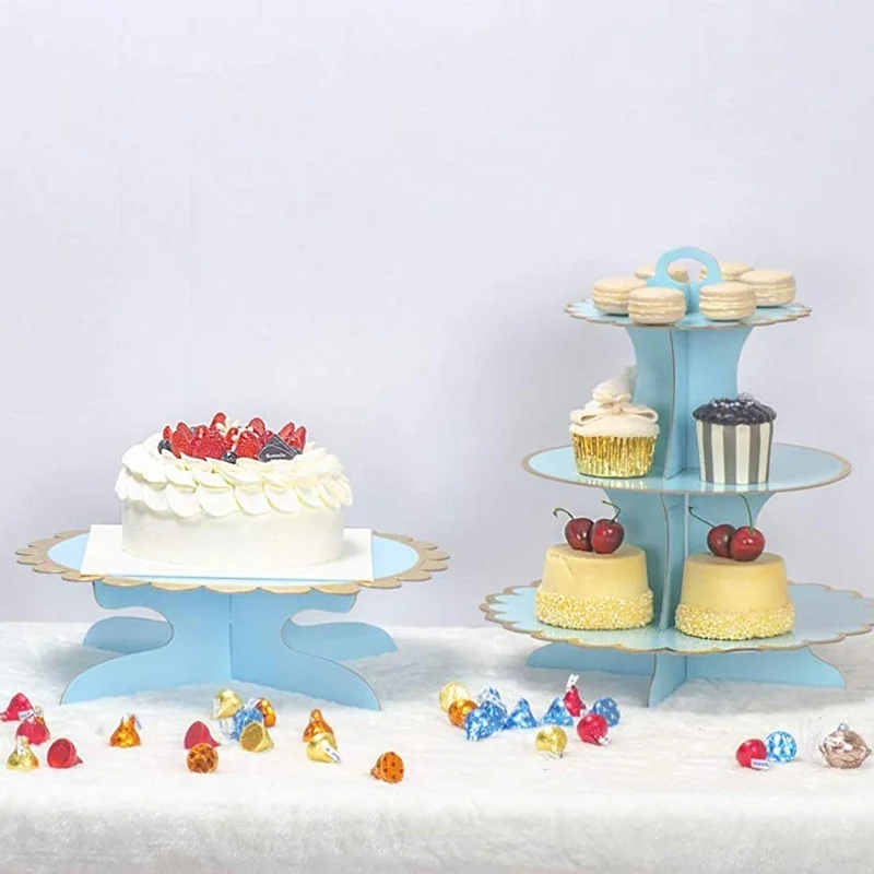 

3 Tier Cupcake Stand Paper Gold Pink BLue Solid Cake Decorations for Wedding Birthday Holiday Party Dessert Table Supplies
