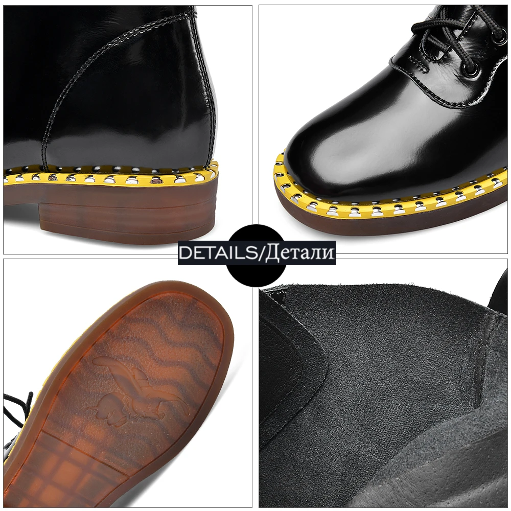 

ISNOM Genuine Leather Boots Women Cross Tied Chunky Heels Ankle Boots Mix Color Platform Booties Ladies Casual Shoes Woman