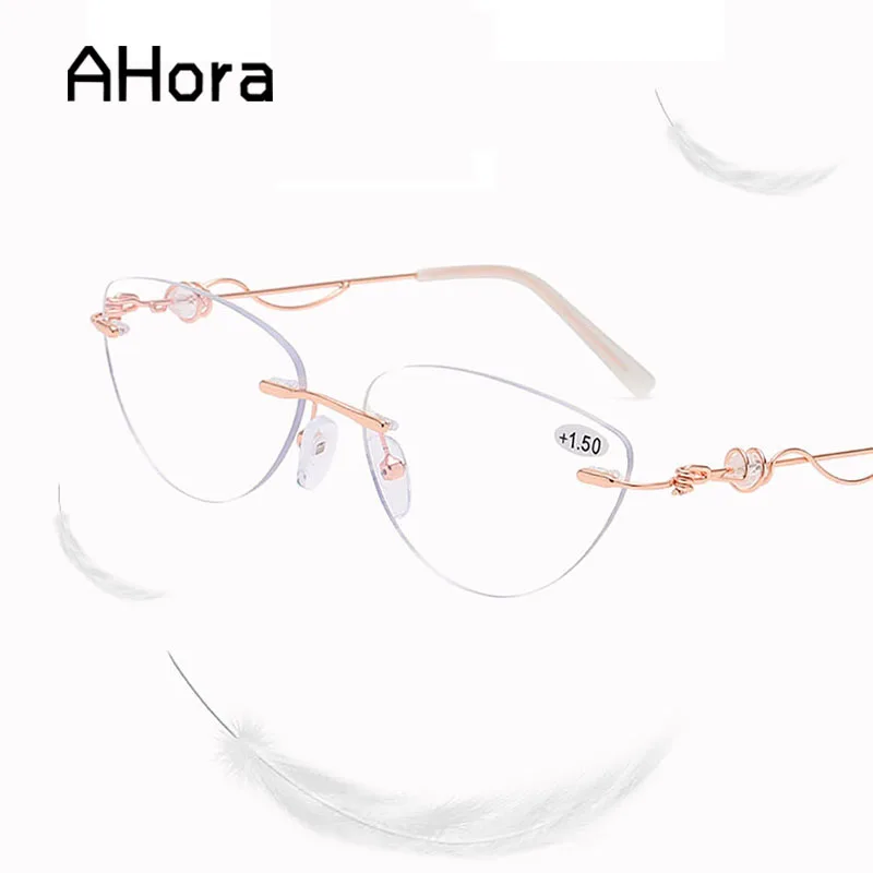 

Ahora Lady's Frameless Reading Glasses Anti Blue Light Crystal Metal Presbyopia Spectacles Hyperopia Eyeglasses +1.0+1.5...+4.0
