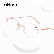 Ahora Lady's Frameless Reading Glasses Anti Blue Light Crystal Metal Presbyopia Spectacles Hyperopia Eyeglasses +1.0+1.5...+4.0