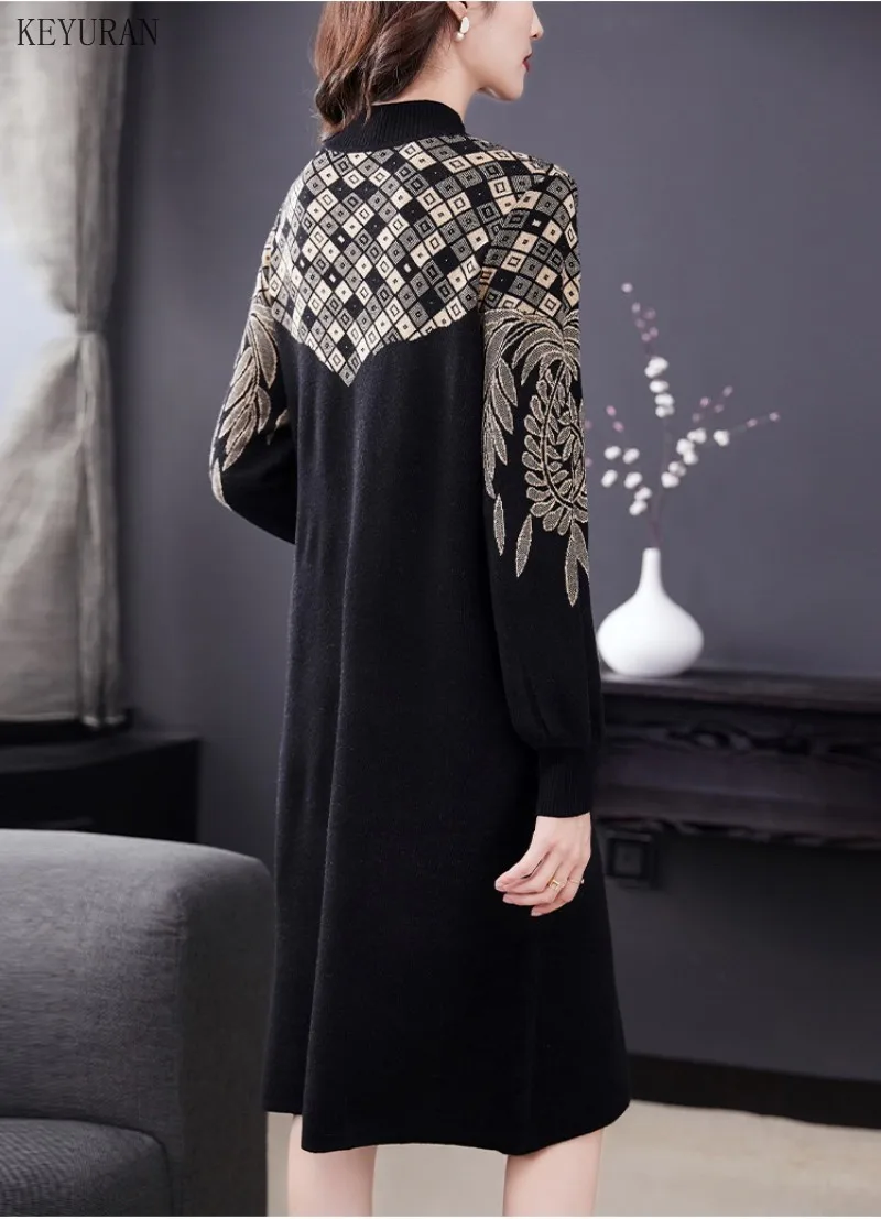 

2021 Autumn Winter Vintage Women Half Turtleneck Jacquard Knitted Sweater Dress Woman Knitting Sweaters Dresses Plus Size 4xl