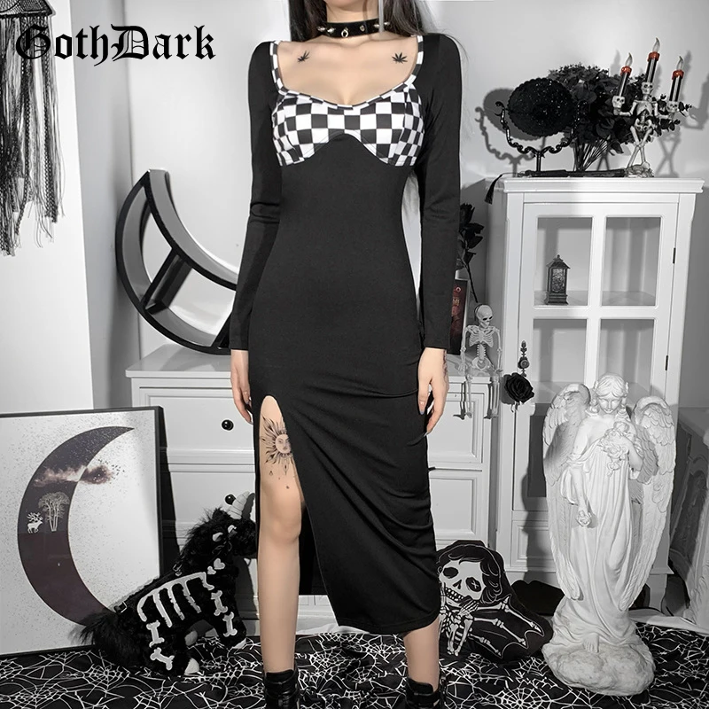 

Goth Dark Grunge Casual Women Autumn Bodycon Midi Dresses Gothic Punk Sexy High Split A-line Black Dress Long Sleeve Partywear
