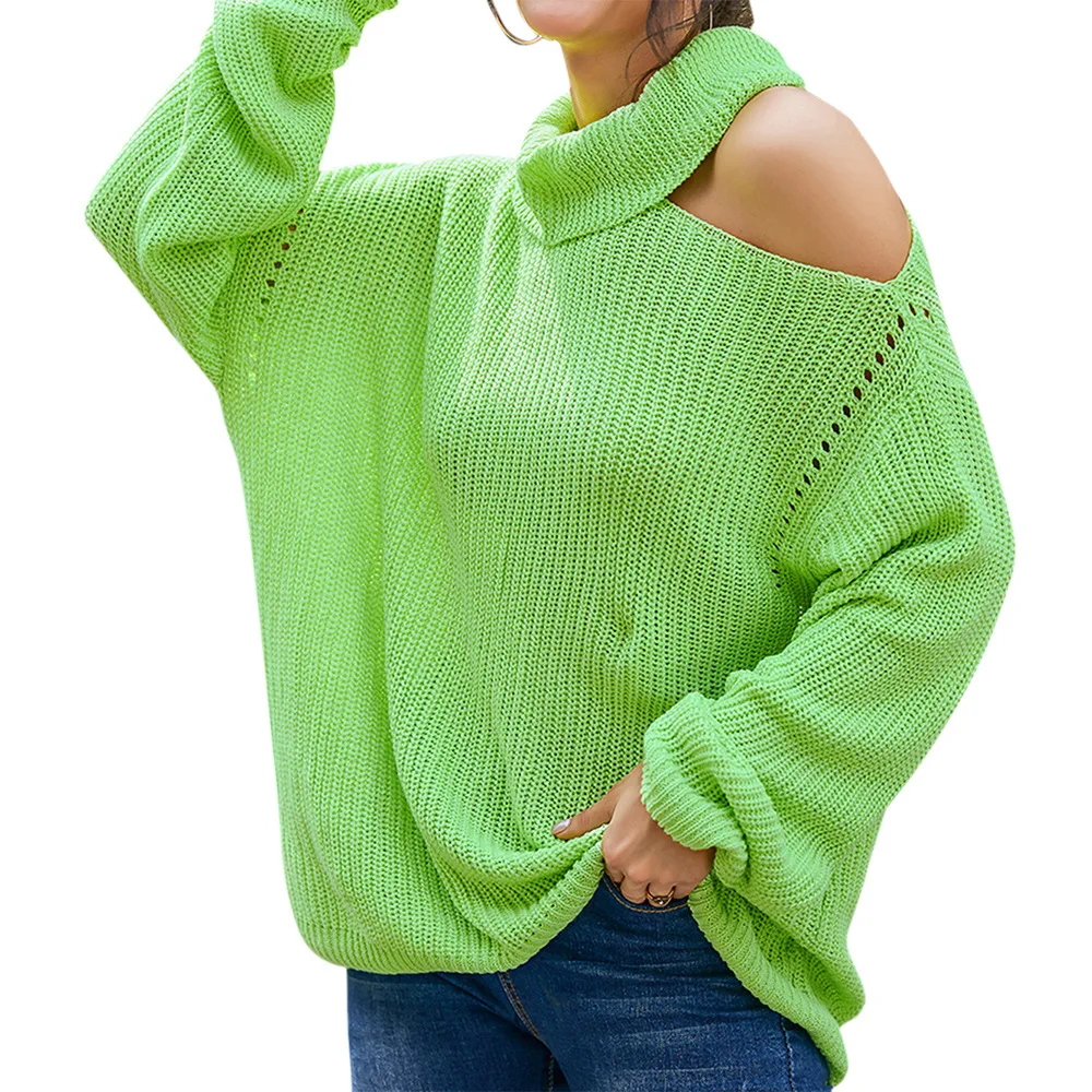 

Women New Autumn Oversized Green Knitting Off Shoulder Turtleneck Solid Loose Pullover Sweater Female 2020 Fashion Knitted Tops