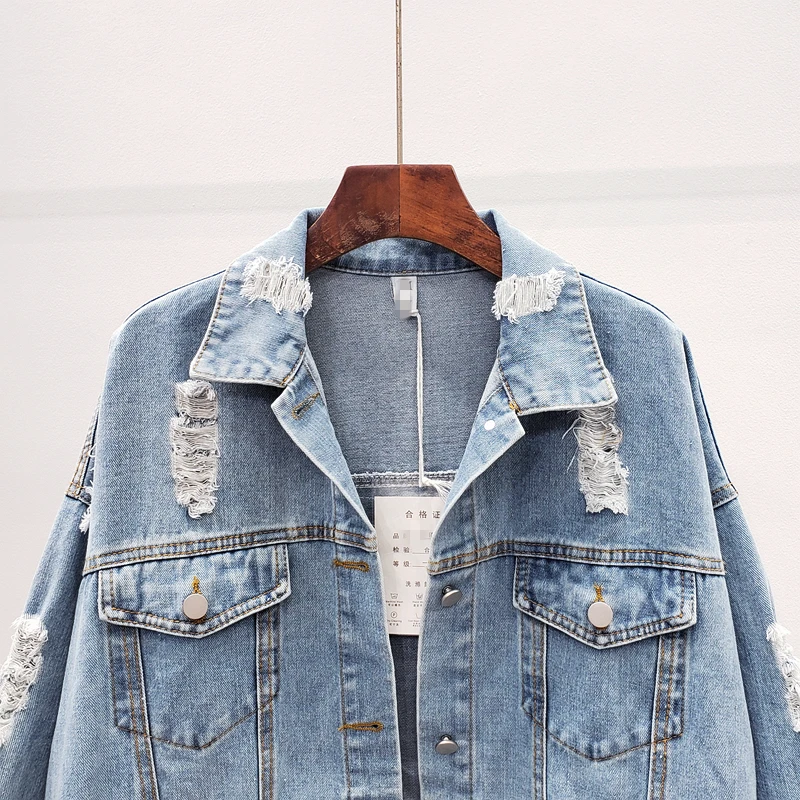 

Streetwear Style Print Women's Denim Jacket Coat Diamonds Hole Jeans Outwear Female Spring Autumn Casual Loose Cowboy WY260