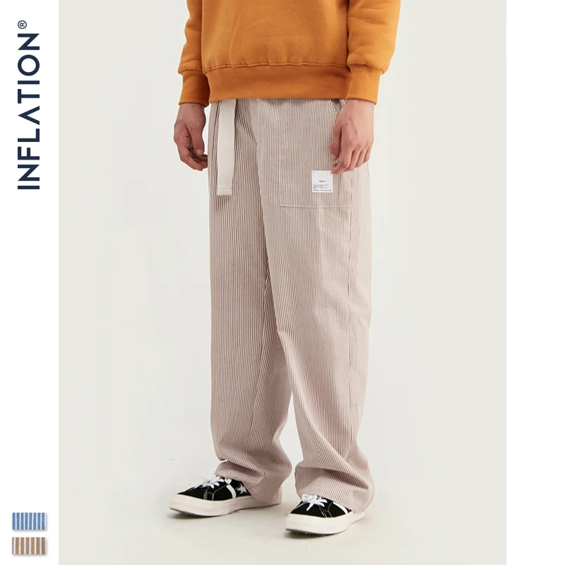 INFLATION Men Casual Pants Winter Streetwear Old Fashion Stripe Pants Straight Elastic Waist Casual Stripe Men Pants 93421W