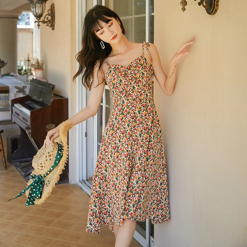 

Summer Runway Korean Backless Party Night Dress Retro Boho Tropical Beach Vacation Sundress Women Midi Chiffon Floral Slip Dress