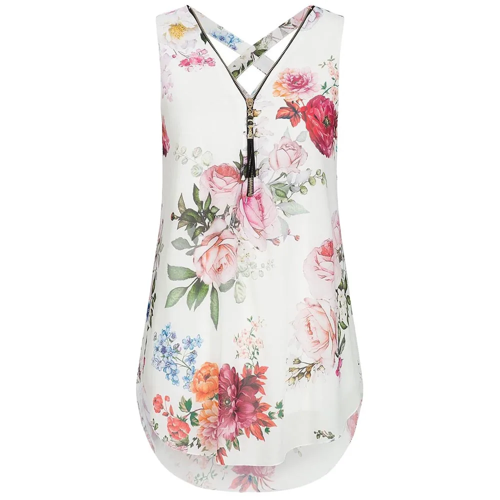 Женская футболка с цветочным принтом майка v образным вырезом на молнии летняя