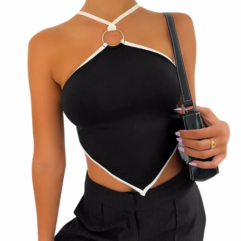 

2021 Summer The New Women's Clothing Backless Halter Color Contrast Sharp Corner Small Sling