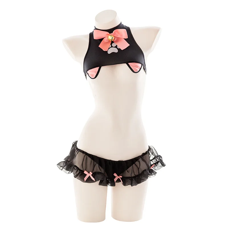 Ультракороткий комплект нижнего белья с милым черным котом бантом и принтом