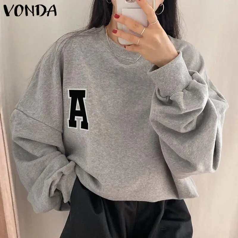 

2022 женские повседневные толстовки VONDA с круглым вырезом, мешковатые однотонные блузы, толстовки с длинным рукавом, Женский Осенний пуловер ...