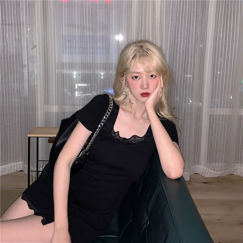 

Dress Women Spring Skinny Short Sleeve Lace Square Collar Sweet Ladies Side-split Sexy Mini Dresses with Oversleeves Elegant New