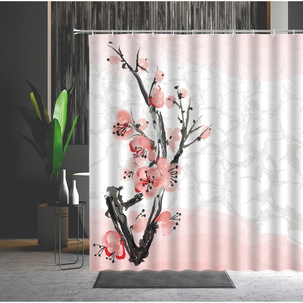 

Waterproof Shower Curtain Chinese Style Pink Flowers Natural Landscape 3D Printed Bathtub Decoration Bath Curtains Set With Hook