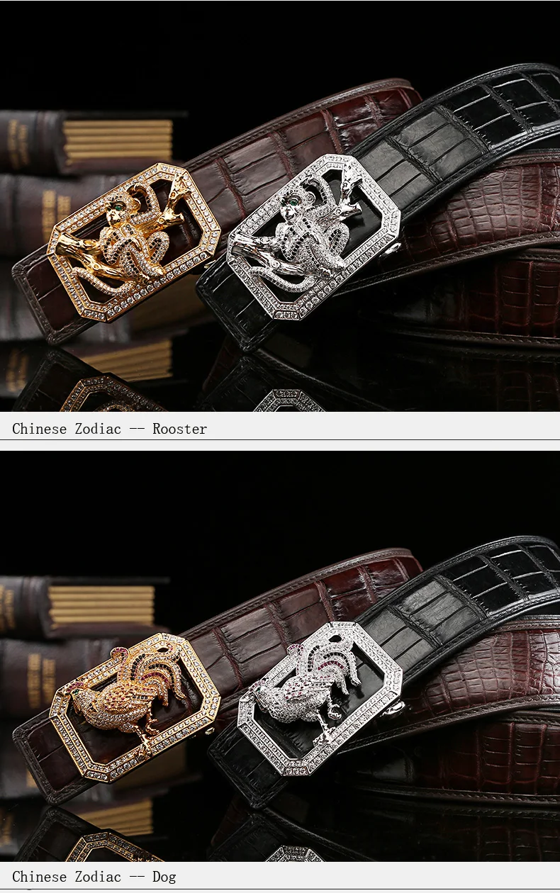 McParko Crocodile Belt Mens Leather Belts With Buckle Luxury Animal Design Genuine Leather Waist Belt with rhinestones Buckle