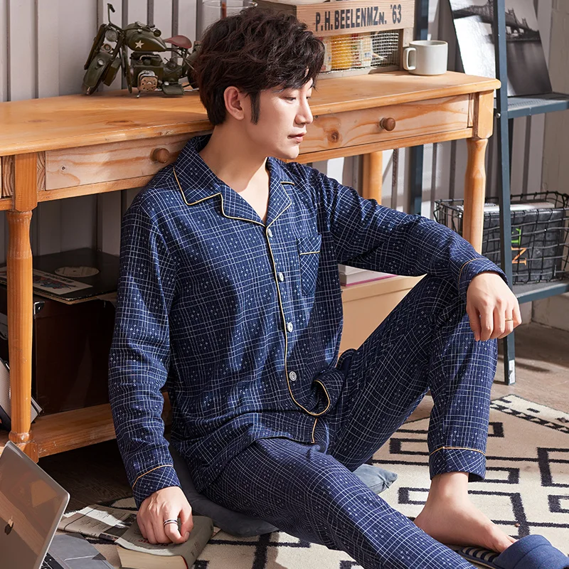 

Autumn Men's Pajama Set Knitted Cotton Pijama Homebre Sleepwear Long Sleeve Turn-down Collar Casual Plus Size L-4XL Male Pijamas