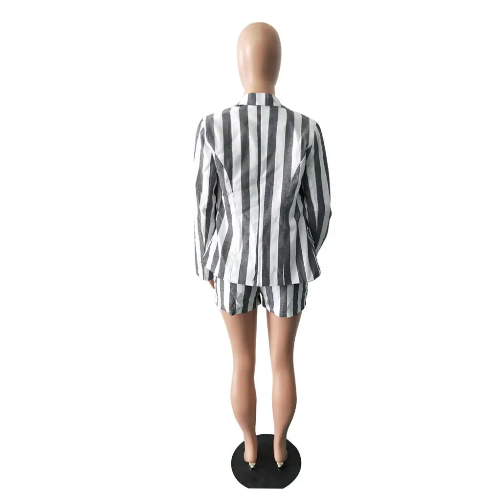 

New Striped Women Set Two Piece Set Turn Down Collar Blazer Coat Shorts Suit Ruffle Elastic Waist 2 Piece Outfit Matching Set