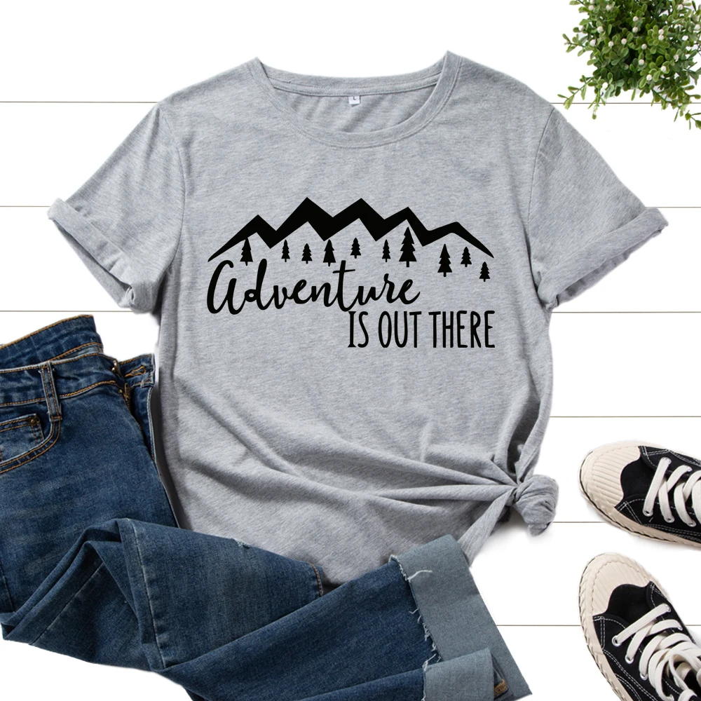 

Women's Graphic T-Shirts Printed Shirt Cotton Tee Short Sleeve Summer Tops Female Tees Clothes Adventure Is Out There Mountain